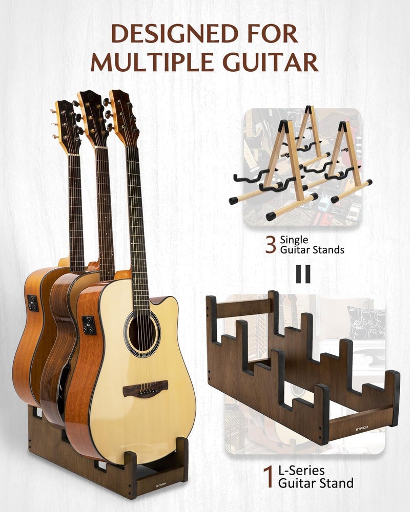 STRICH Wooden Guitar Stand for Multiple Guitars, 3-Holder, Front Display Space-Saving Floor Guitar Rack for Home, Studio, Stage, Walnut Color, L-3AW (For 3 Acoustic) - Image 1